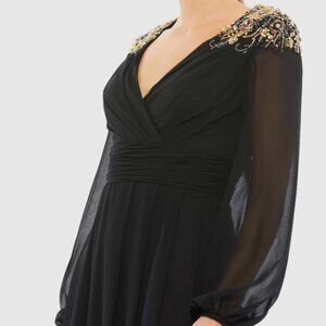 Black Embellished Shoulder Blouson Sleeve Evening Gown